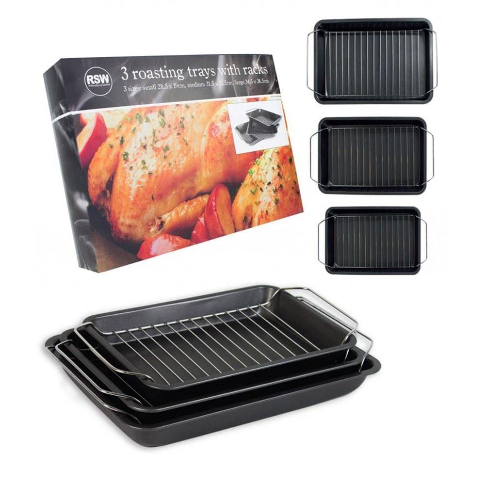 Yöl Black Set Of 3 Roasting Trays With Removable Rack Non-Stick Cooking Oven Accessories Sunday Roast Chicken Turkey Christmas Dinner