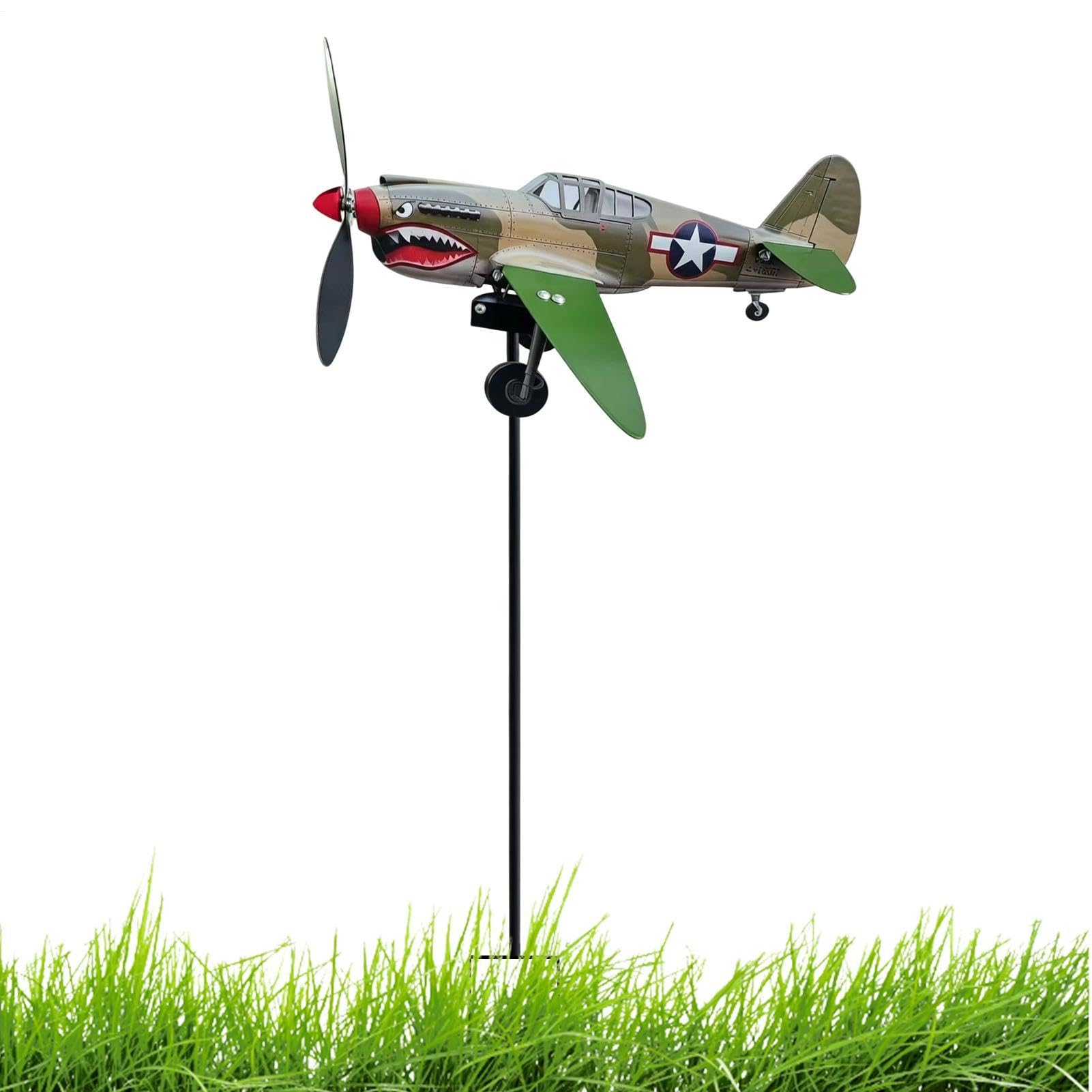 Metal Airplanes Windmill, Shark Mouth Warplane Garden Wind Spinner, Outdoor Dynamic Propeller Windmill Plane, Rotating Weather Resistant Weather Vane, For Courtyard Walkway Backyard Lawn Farmhouse