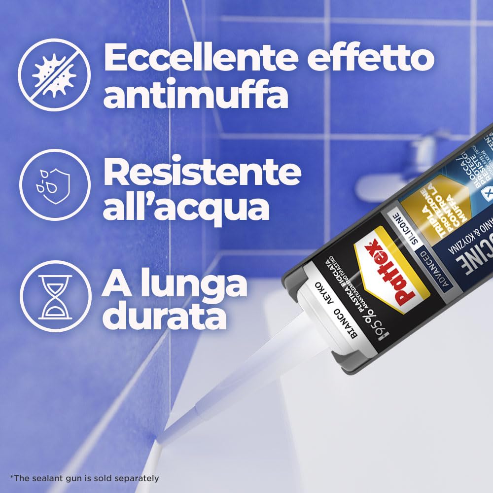 Pattex Bagni&Cucine 3x Protection, Sigillante bianco Tripla Protezione per prevenire la muffa, Silicone resistente all'acqua, Silicone antimuffa in cartuccia, 1x300ml