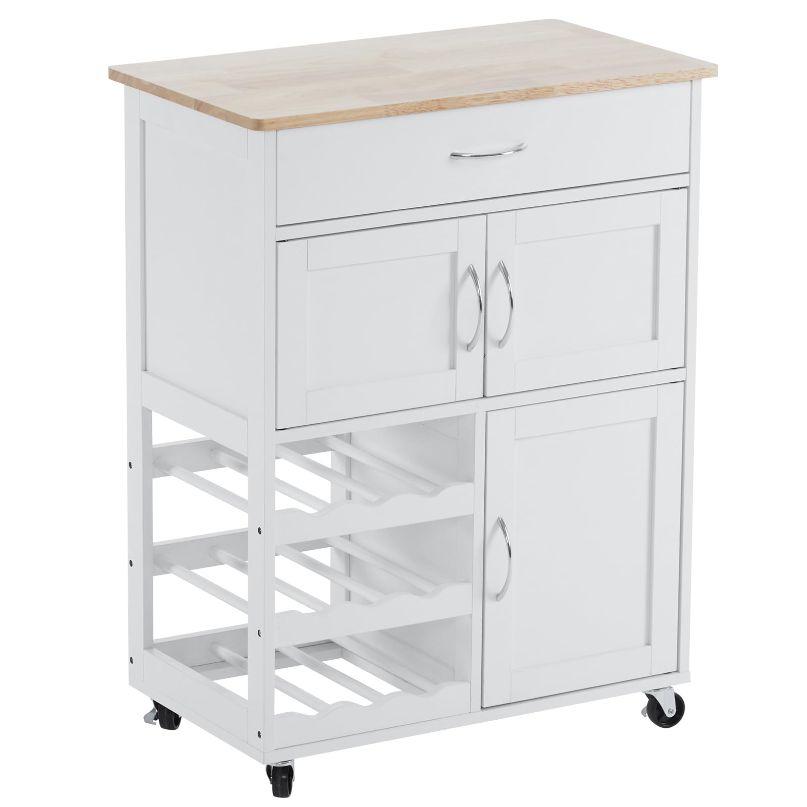 Bonnlo Carro de Cocina con Ruedas, Carrito de Cocina con Cajón, Botellero y Estantes, Mueble de Cocina con Superficie de Madera, 67 x 38 x 87 cm, Blanco