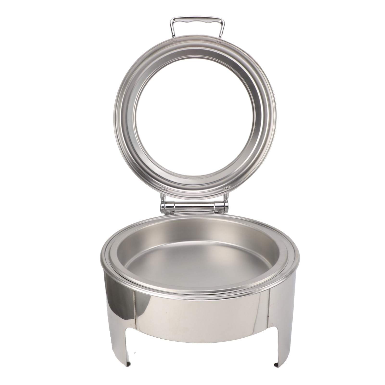 SIXRUN Plato Redondo de Acero Inoxidable de 6 Litros, Servidor de Buffet con Tapa de Vidrio Visible, Tapa Abatible de 90°, Calentador de Alcohol, Sartén Profunda, Acabado Espejo para Catering, (1