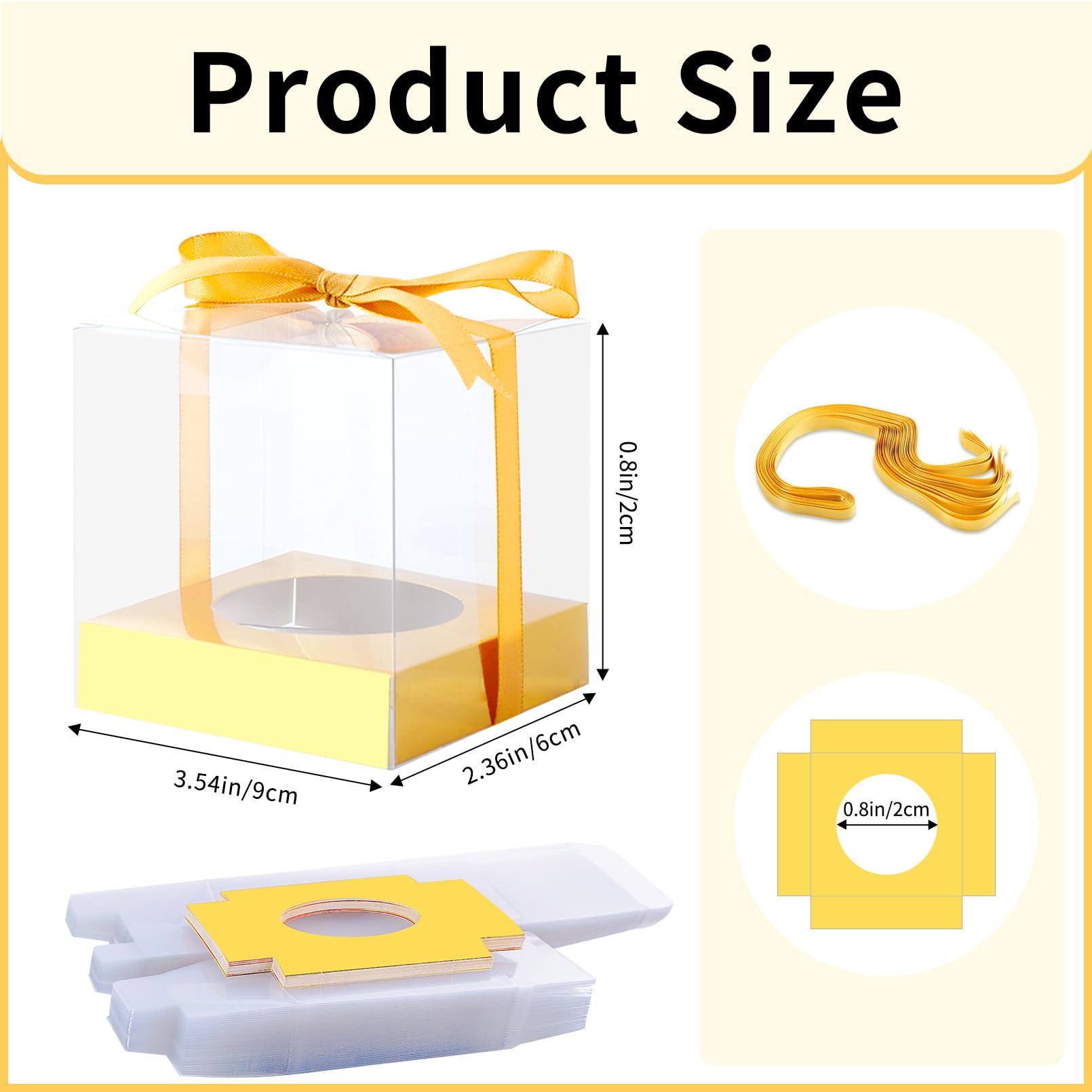 Gdotmely 24 Pcs Clear Plastic Cupcake Boxes, 3.5 Inch Single Cupcake Containers for Cake Dessert, Individual Cake Storage Holder with Ribbon Wedding Birthday Party Favor (Gold)