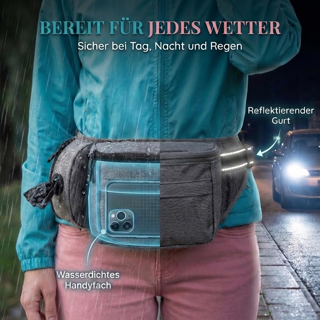 HUND IST KÖNIG Borsa per cani e accessori per cani – Robusto marsupio per cani – Borsa per cibo per cani con dispenser per sacchetti, scomparto per cellulare e tracolla per cavi flessibili