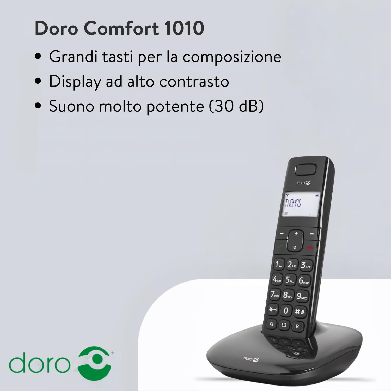 Doro Comfort 1010 Telefono Cordless DECT per Anziani - Telefono Fisso - Tasti Grandi - Interfono - Cordless Casa - Telefono Portatile - Vivavoce - No Segreteria (Nero) [Vers. Italiana]