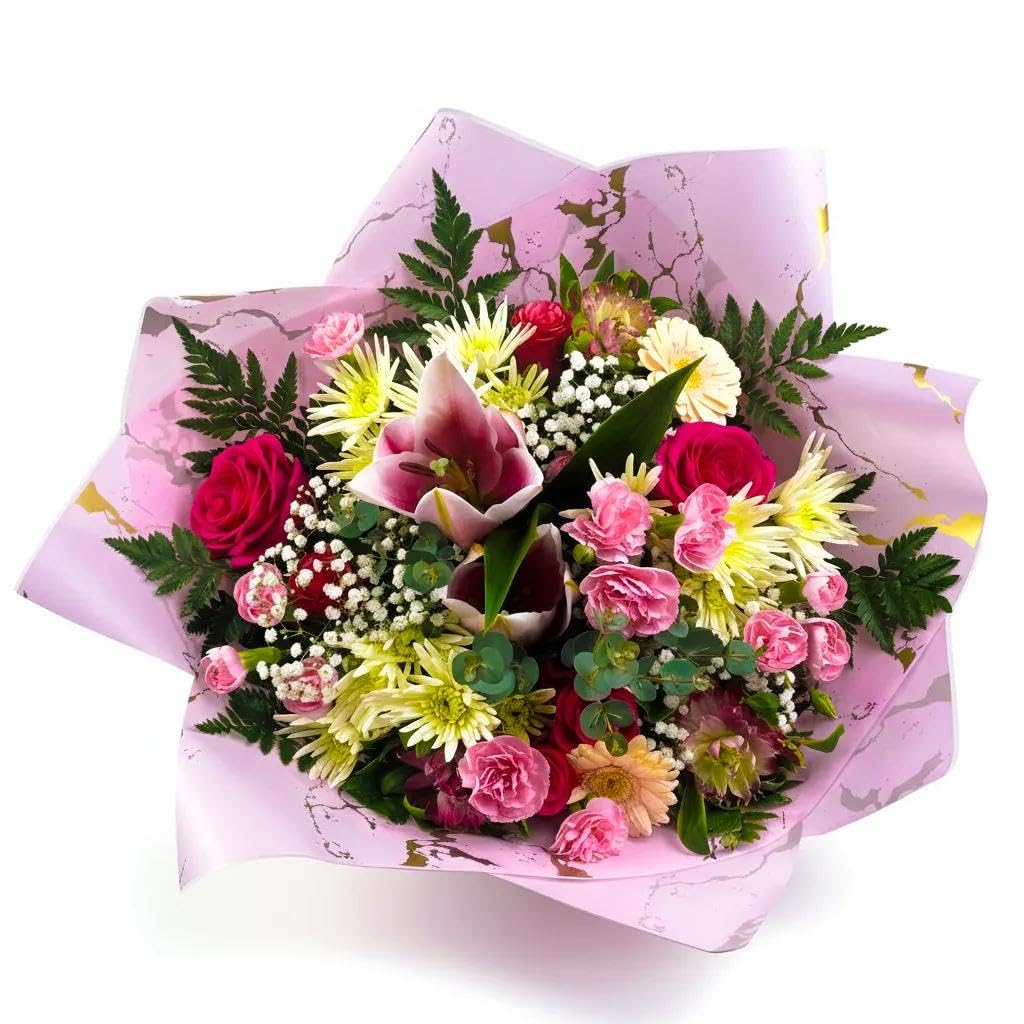 Blushing Elegance Fresh Flower Bouquet | Mixed Lily, Rose & Chrysanthemum Gift - Hand-Wrapped Floral Arrangement for Birthday, Anniversary & Special Occasions