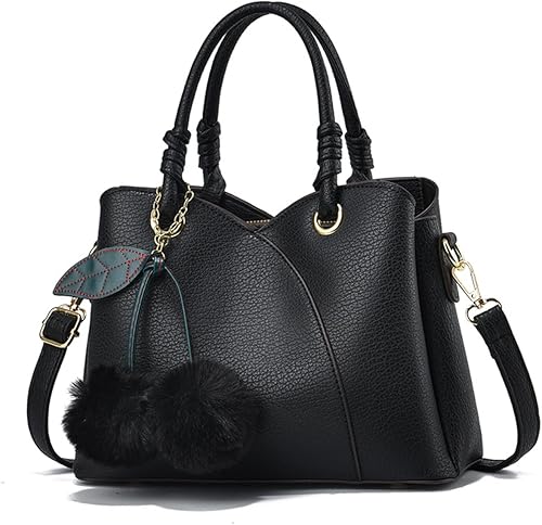 NICOLE & DORIS Bolso de mano para mujer, bolso de hombro de moda con asa superior, bolsos elegantes con pompón Negro