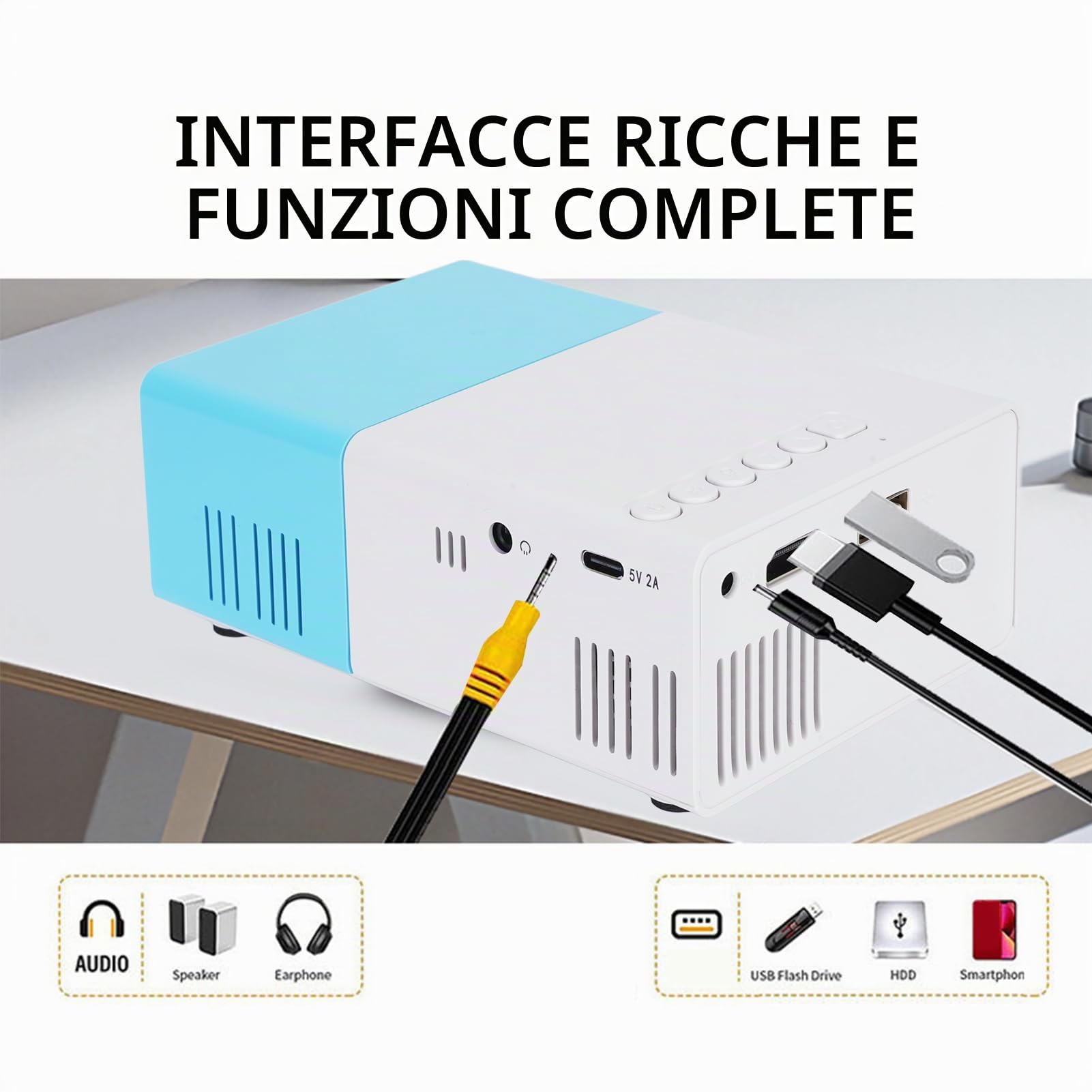 Mini Proiettore HD 1080p Portatile, Full HD Smart Home per Film con HDMI USB 3,5mm, Compatibile Smartphone Laptop TV Tablet PC, Correzione Trapezoide Automatica, Altoparlante Stere