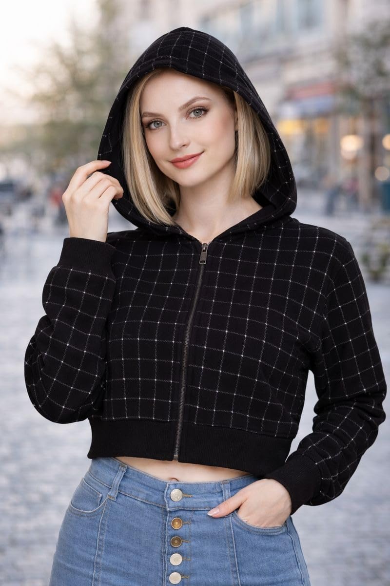 Raves Women’s Crop Hooded Jacket with Zipper | Stylish Check Pattern Cropped Sweatshirt | Casual & Travel Wear-image-14