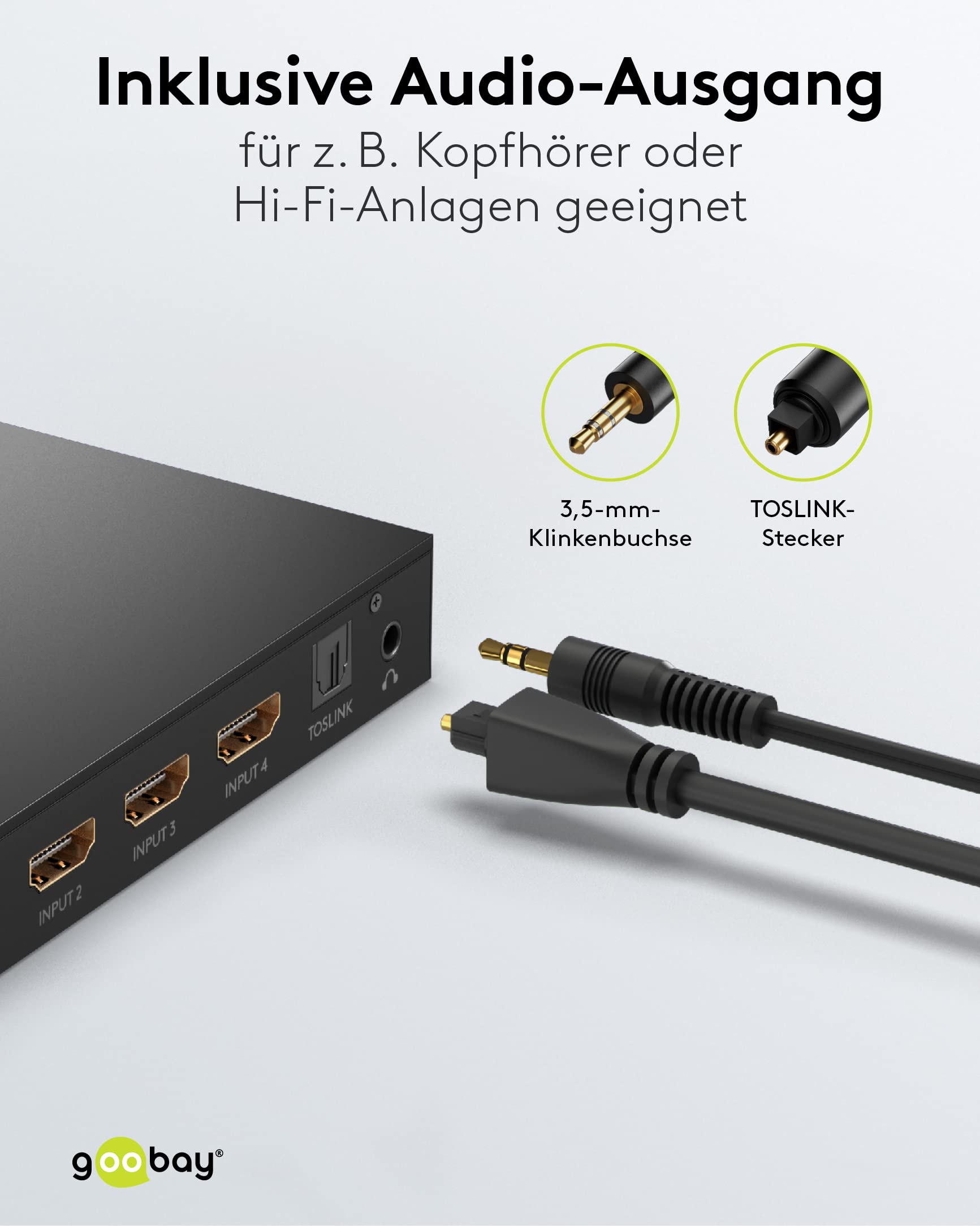 goobay 58490 Conmutador HDMI 4 entradas 1 salida Mando a distancia Conmutador HDMI 4K @ 60Hz 18 Gbit/s Toslink & 3.5mm Jack Caja de conmutación