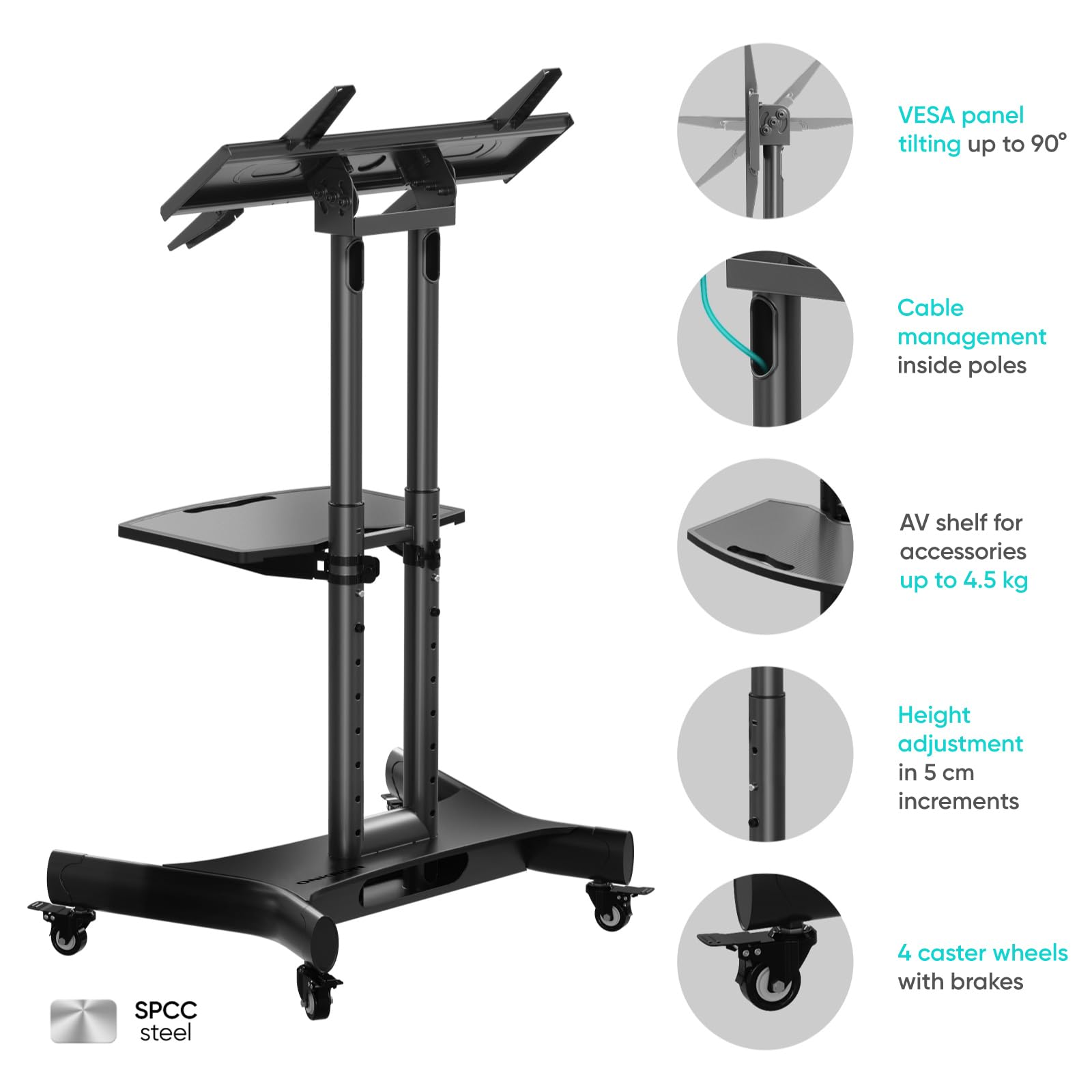 ONKRON Carrello TV con Ruote 32" - 70", Porta TV da Terra Mobile Carico Totale 45 kg, Supporto Televisore da Terra VESA 100x100-600x400 mm, Porta Televisore Pavimento, Inclinabile, Nero TS1350-B