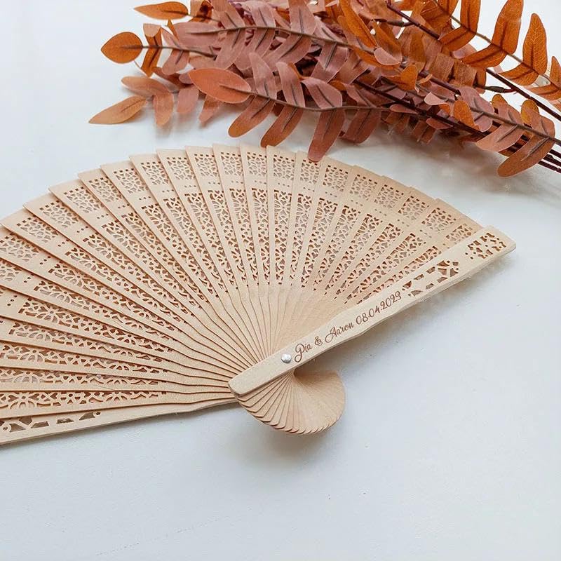 ZYMECH Custom Made 20/50/100Pcs Personalized Engraved Wood Folding Hand Fan Wedding Personality Fans Customized Decor Gifts for Guests (100Pcs)