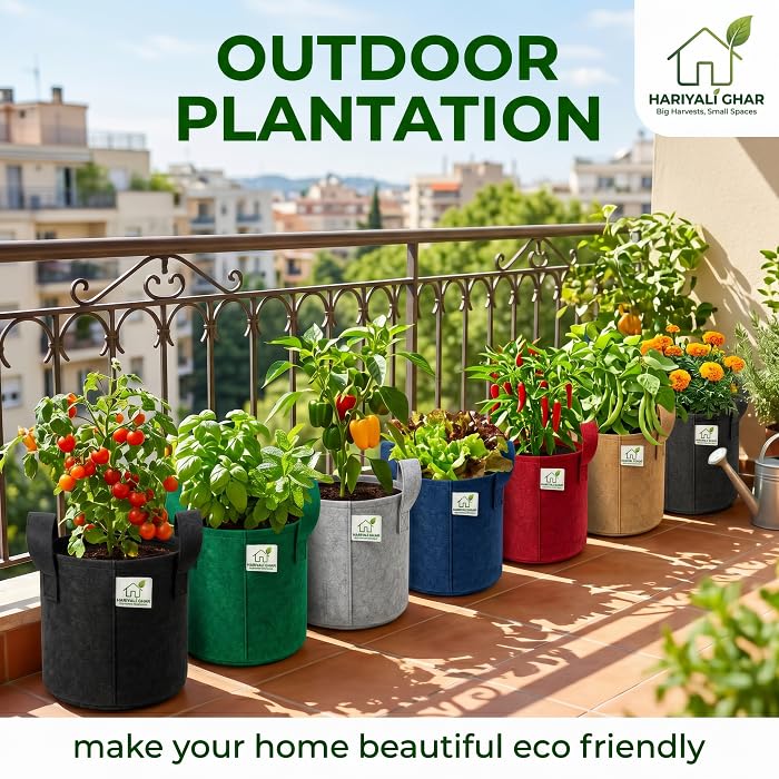 Image of 400 GSM Geo Fabric Round Grow Bags 15x15 Inch with Handle, Green Planting Bags for Terrace and Kitchen Gardening Pack of 10