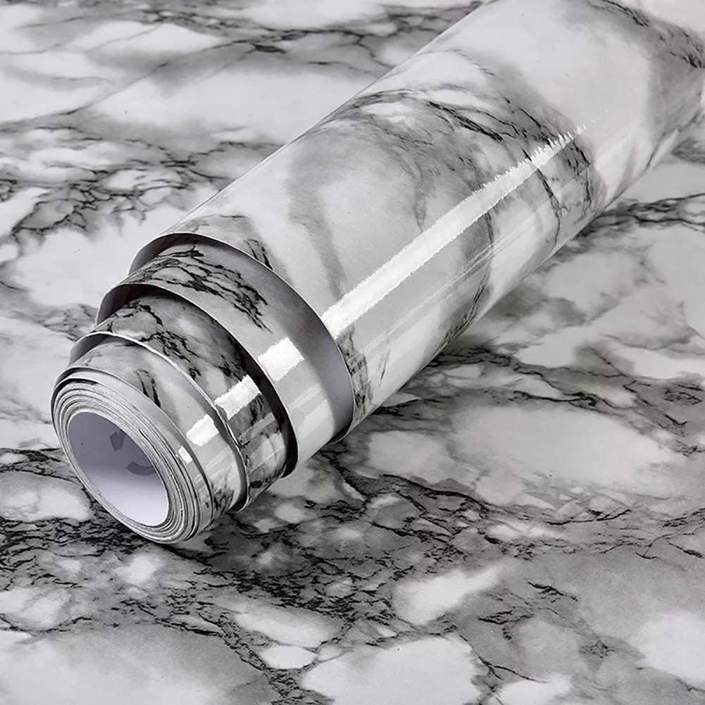 WALL 2 WALL White Grey Glossy Marble Self-Adhesive Peel & Stick Removable Wallpaper Sticker Granite Wall Stickers DIY Wallpaper Decal PVC Vinyl (2 x 8 Feet)