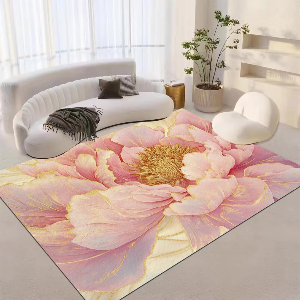Blooming Pink Flowers 3D Print Pattern Rug, Shiny Gold Texture Area Rugs, 3x5ft, Non-Slip Washable Carpet, for Indoor Bedroom Living Room Home Office