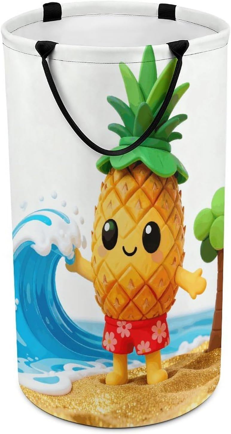 Hawaiian Pineapple Laundry Hamper with Handles Waterproof Collapsible Laundry Basket Large Lightweight Round Dirty Clothes Hamper for Home Dorm Bathroom Decor
