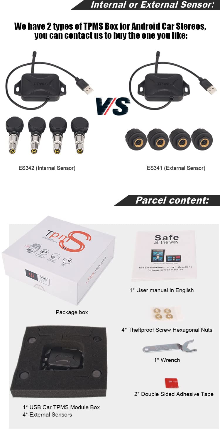 USB TPMS Modulo Pressione dei Pneumatici 4 Sensori per Android 9.0/10.0/11.0 o Superiore Autoradio