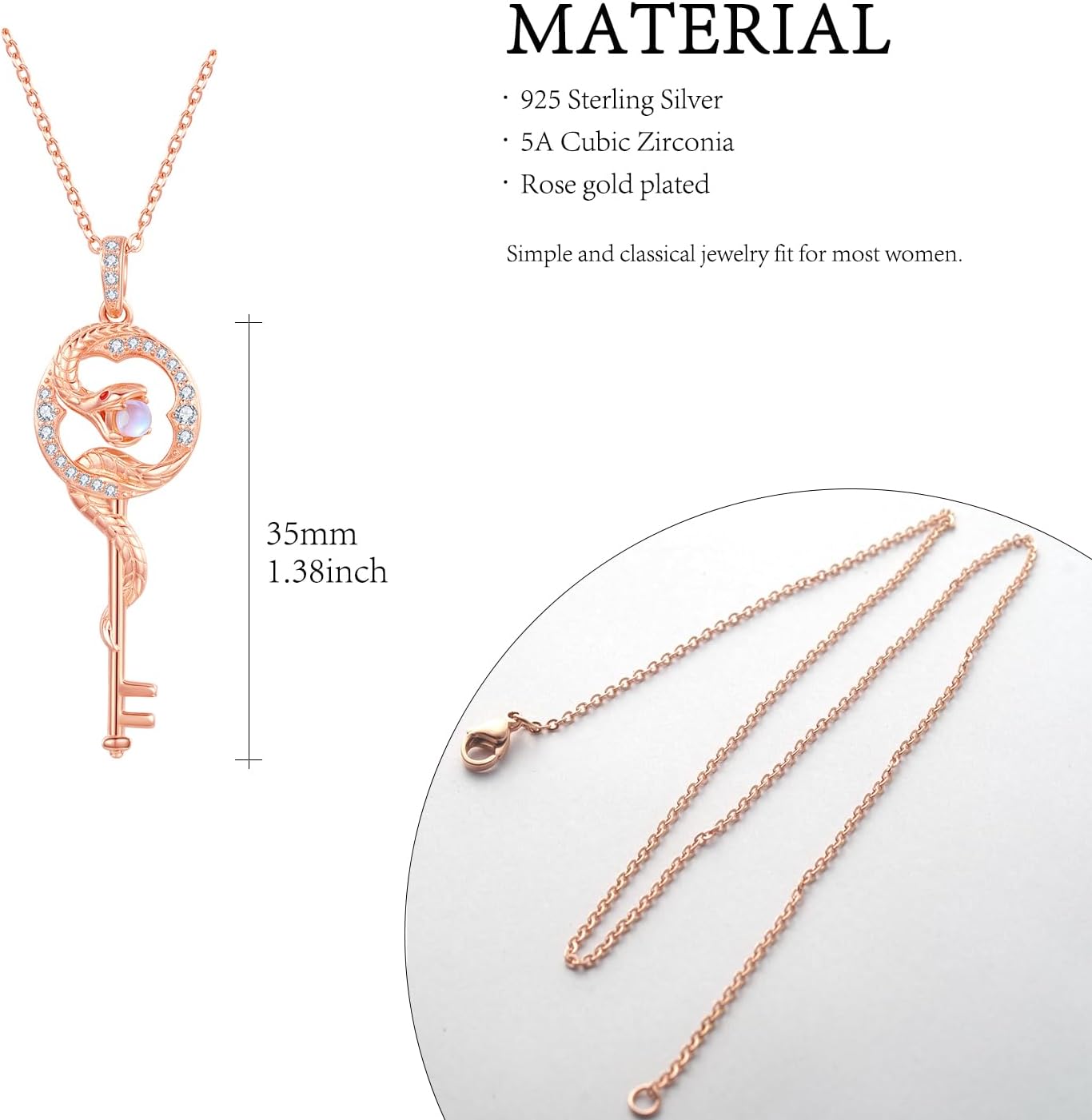Snake Necklace S925 Sterling Silver Moonstone Snake Pendant Key Necklace Protection Jewelry Gifts for Women Christmas Mother's Day Birthday - Image 5