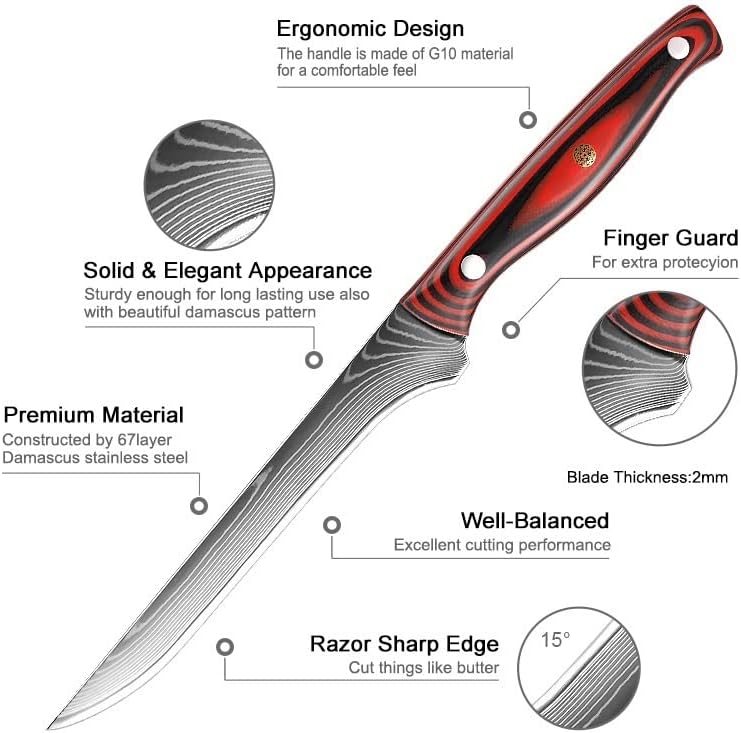Miniatura 4 de Cuchillo de corte de carne de chef de 6 pulgadas de acero de Damasco cuchillo de deshuesado de espiga completa para deshuesar profesional,