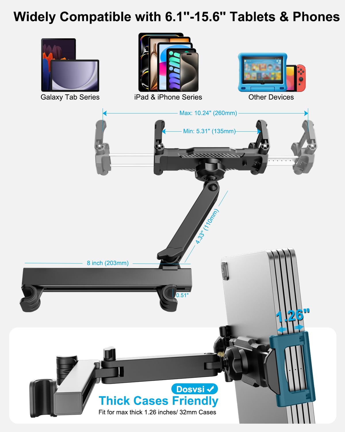 Support Tablette Voiture Appuie-tête pour 6,1 à 15,6 Pouce iPad [Bras Extensible Pliable] 360° Rotation Support pour Coque Épais pour iPad Pro 13 12.9 11 Air Mini, iPad 10.9, Galaxy tab, iPhone