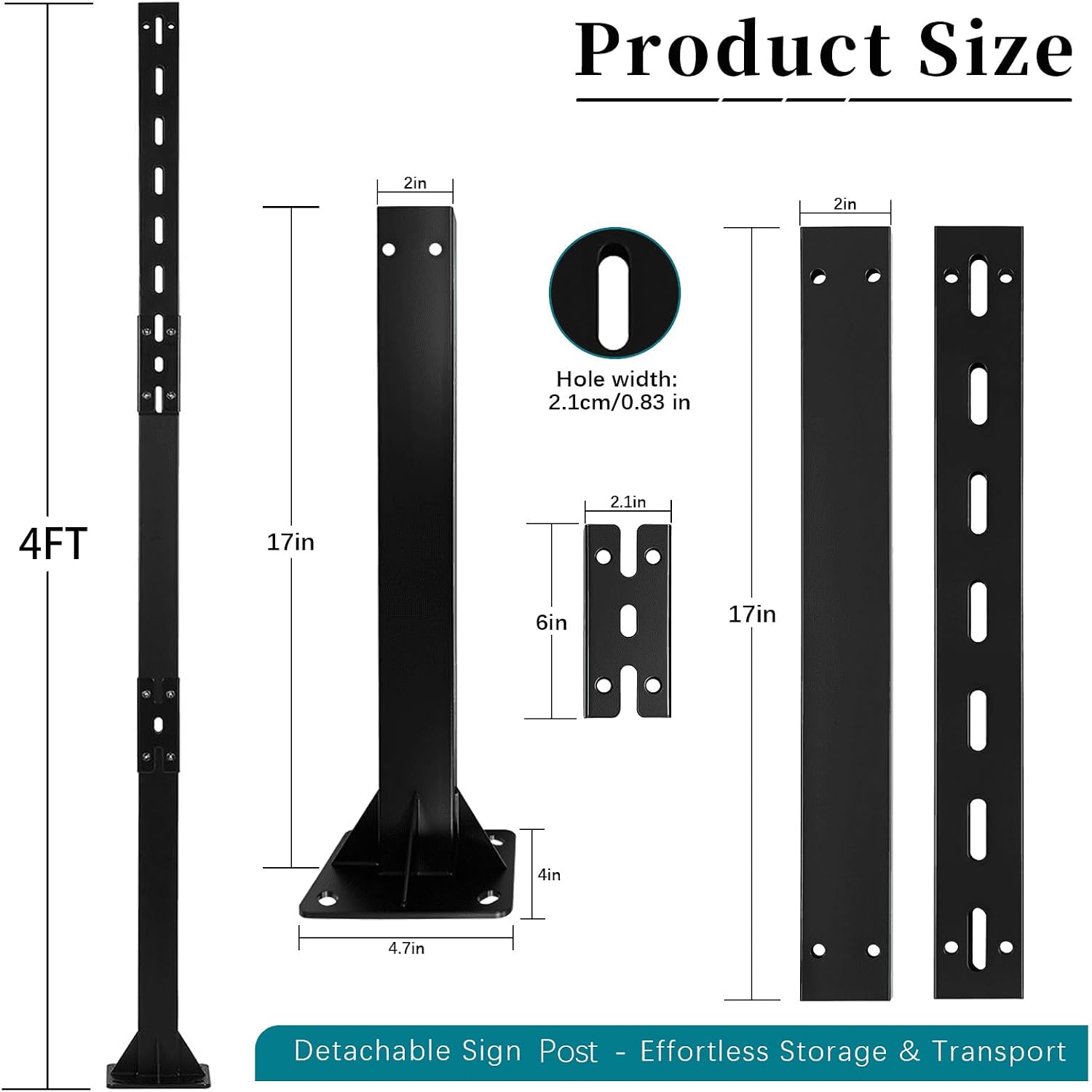 4' Heavy-Duty Bolt Down Sign Post with Base, Plinth-Mounted Metal Holder with Pre-Drilled Holes, Base-Plate Mounted Pole for Parking Traffic Street Store
