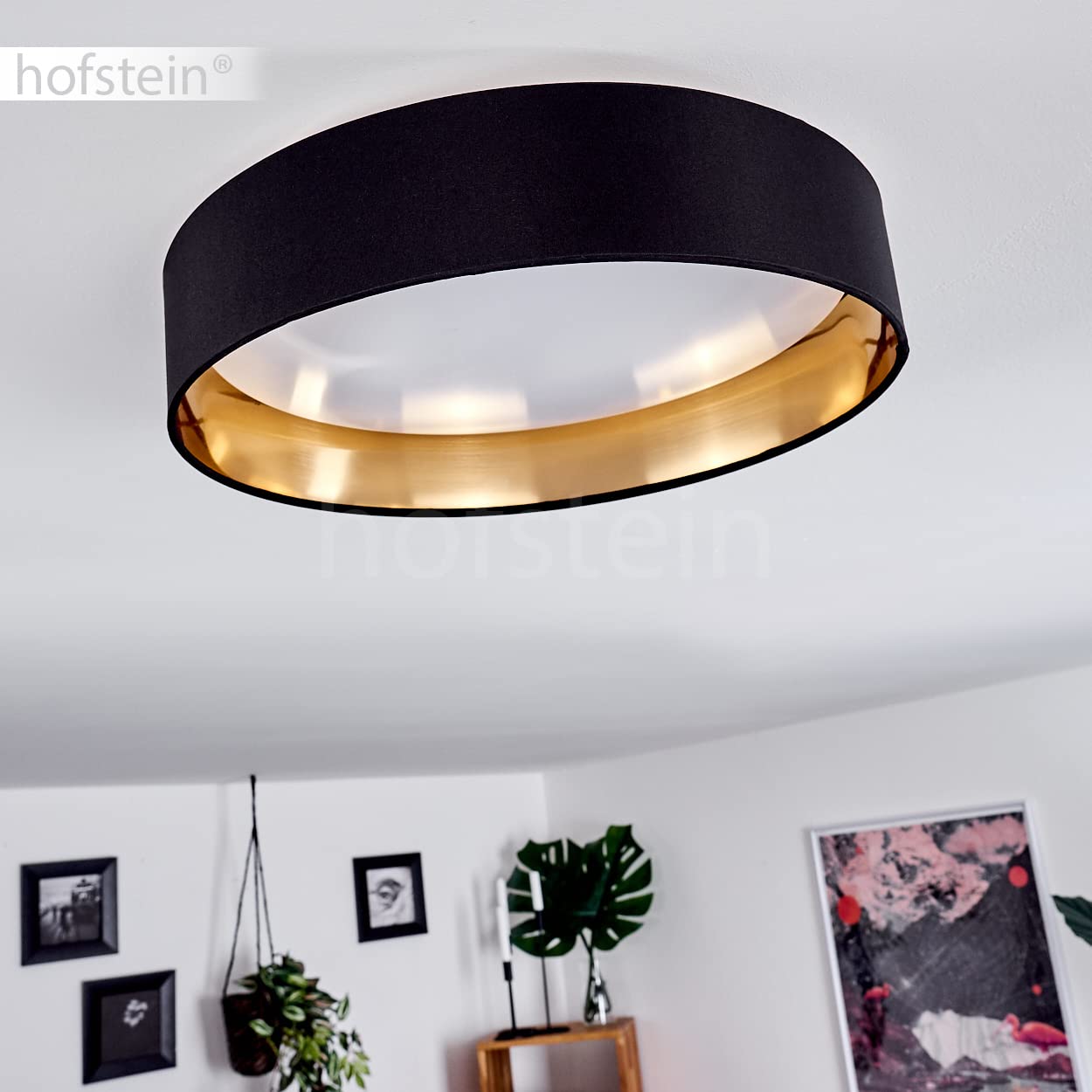 HOFSTEIN LED Deckenleuchte Elsa, moderne Deckenlampe aus Metall/Stoff/Kunststof in Schwarz/Goldfarben/Weiß, Leuchte mit Stoffschirm Ø 38 cm, 2100 Lumen, 3000 Kelvin, 24 Watt, Wohnzimmer, Schlafzimmer