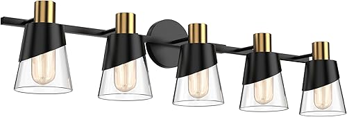 Miniatura 9 de URSOLA Luces de baño sobre espejo de 19.7 pulgadas, lámparas de baño negras y doradas, iluminación de baño con borde biselado y pantalla de vidrio