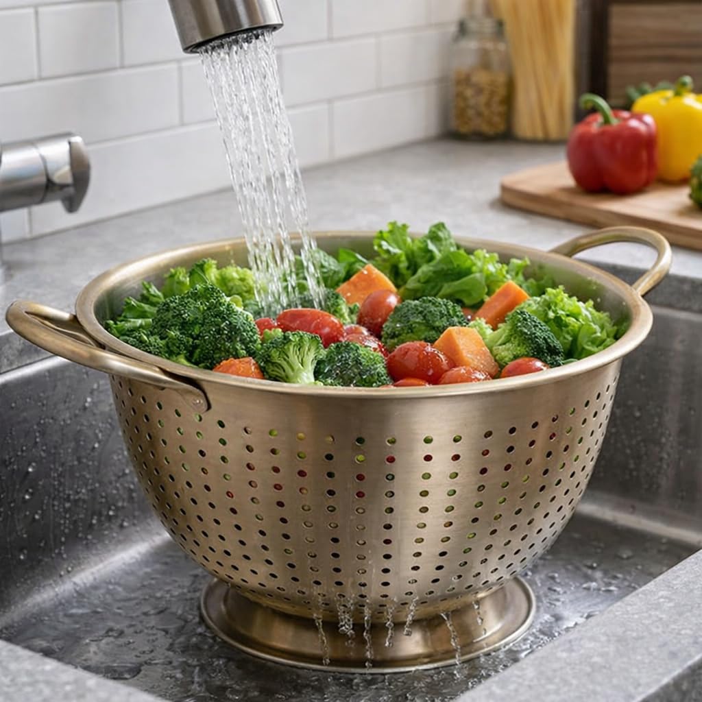 MGE - Colino da Cucina in Acciaio Inox Dorato con Manici e Base - Scolapasta per Pasta, Riso e Verdure - Colino Professionale per Cucina - Versatile Per Quinoa, Cereali, Riso, Verdura E Pasta - 24 cm