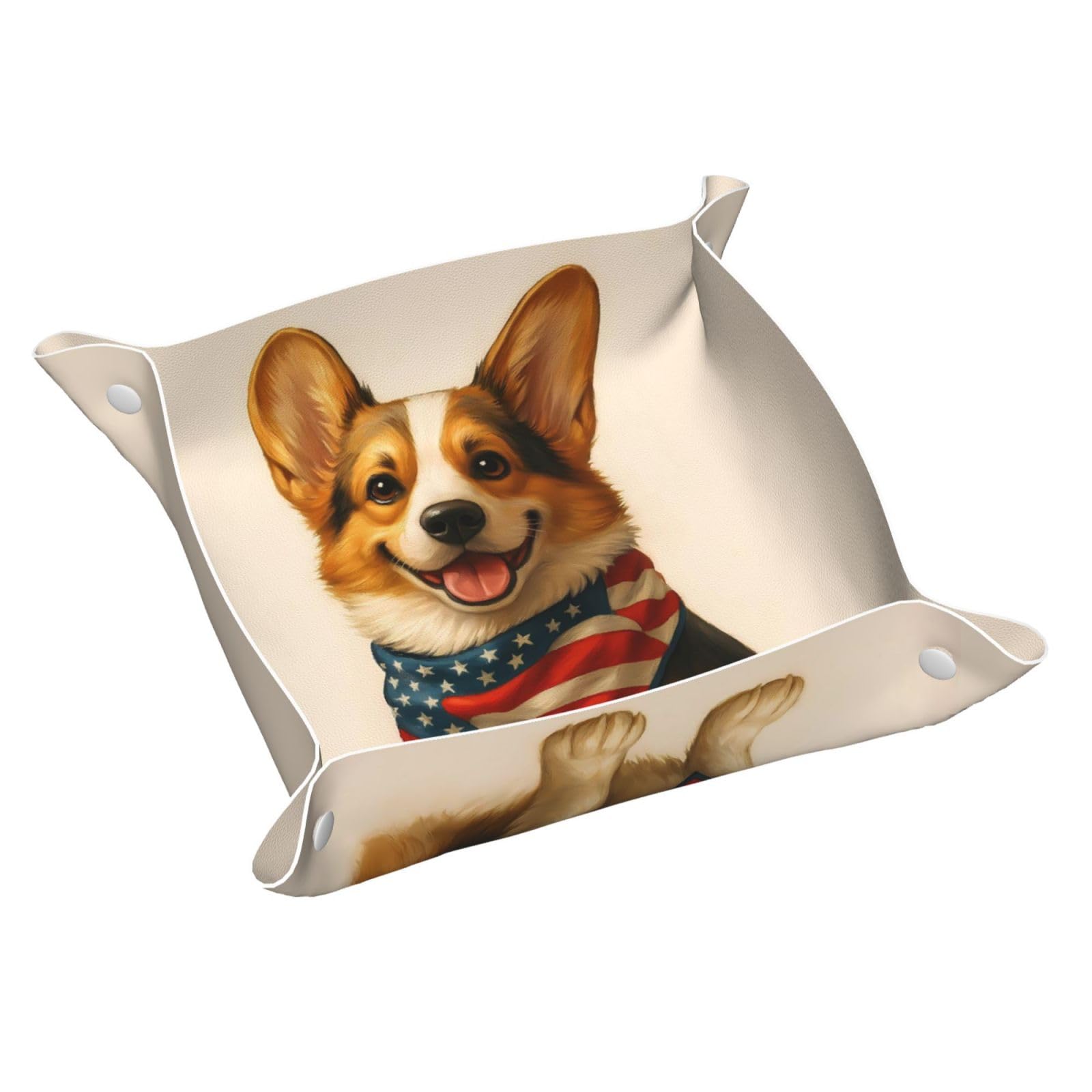HLBSDM Patriotic Corgi & Daisy Tray Men's Leather Valet Parking Portable Entrance Trays Bedside Storage Box