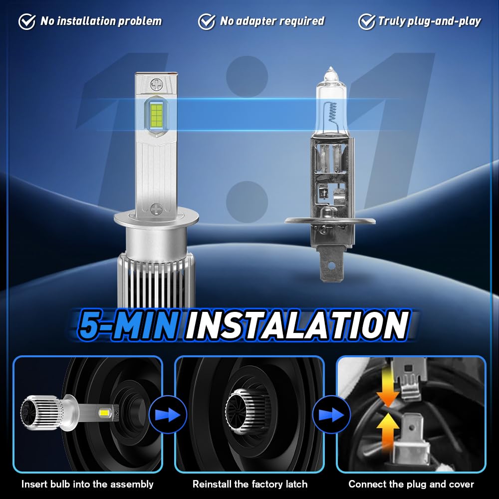 Ampoule H1 LED 400% plus Lumineux 150W 6000K 20000LM Blanc Ampoules de Phares Kit de Conversion avec Ventilateur 12V IP68 2Pcs H1 LED Taille 1:1