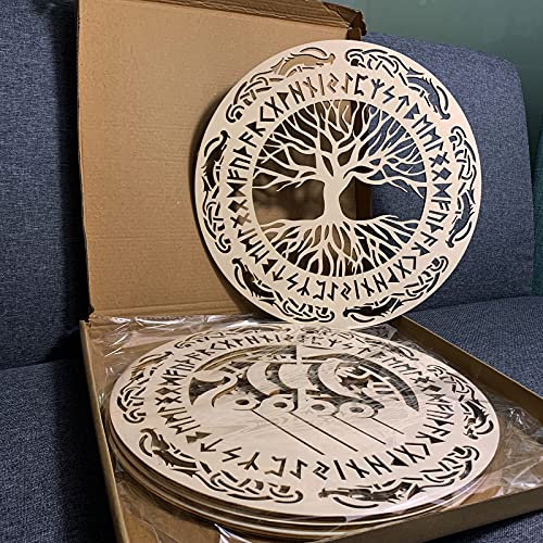 Image of Tucocoo 4 Pieces Viking Wooden Wall Decor Tree of Life Wall Art Nordic Viking Runes Amulet Wall Decor Wooden Viking Warship Home Decor Can Be Graffiti, Ready to Hang Living Room Decor-12''x12''x0.2''