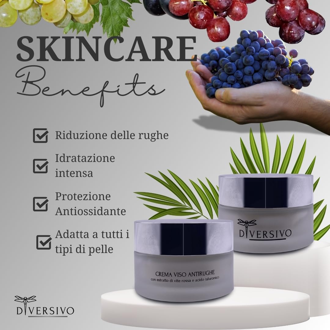 DIVERSIVO - Crema Viso Antirughe - Idratante e Rassodante con Vite Rossa, Acido Ialuronico e Aloe Vera - 50ml