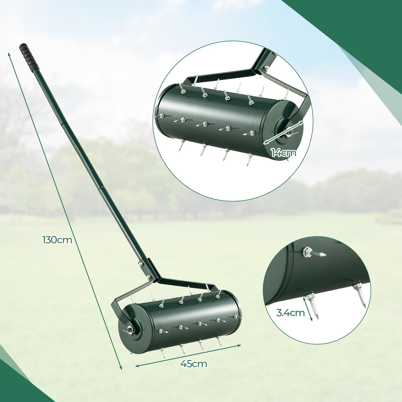 Aireador de césped, esparcidor rodante resistente de 45 cm/53 cm, herramienta para el cuidado del césped con mango de metal de 130 cm, rodillo de jardinería aireador manual para jardín, césped, patio