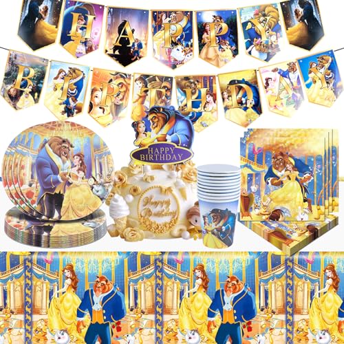 Bella e La Bestia Compleanno Stoviglie, Bella e La Bestia Compleanno Decorazioni, Carta Piatti e Bicchieri Per Feste Tovaglioli, Principessa Bella Tovaglia, Kit Stoviglie Bambina