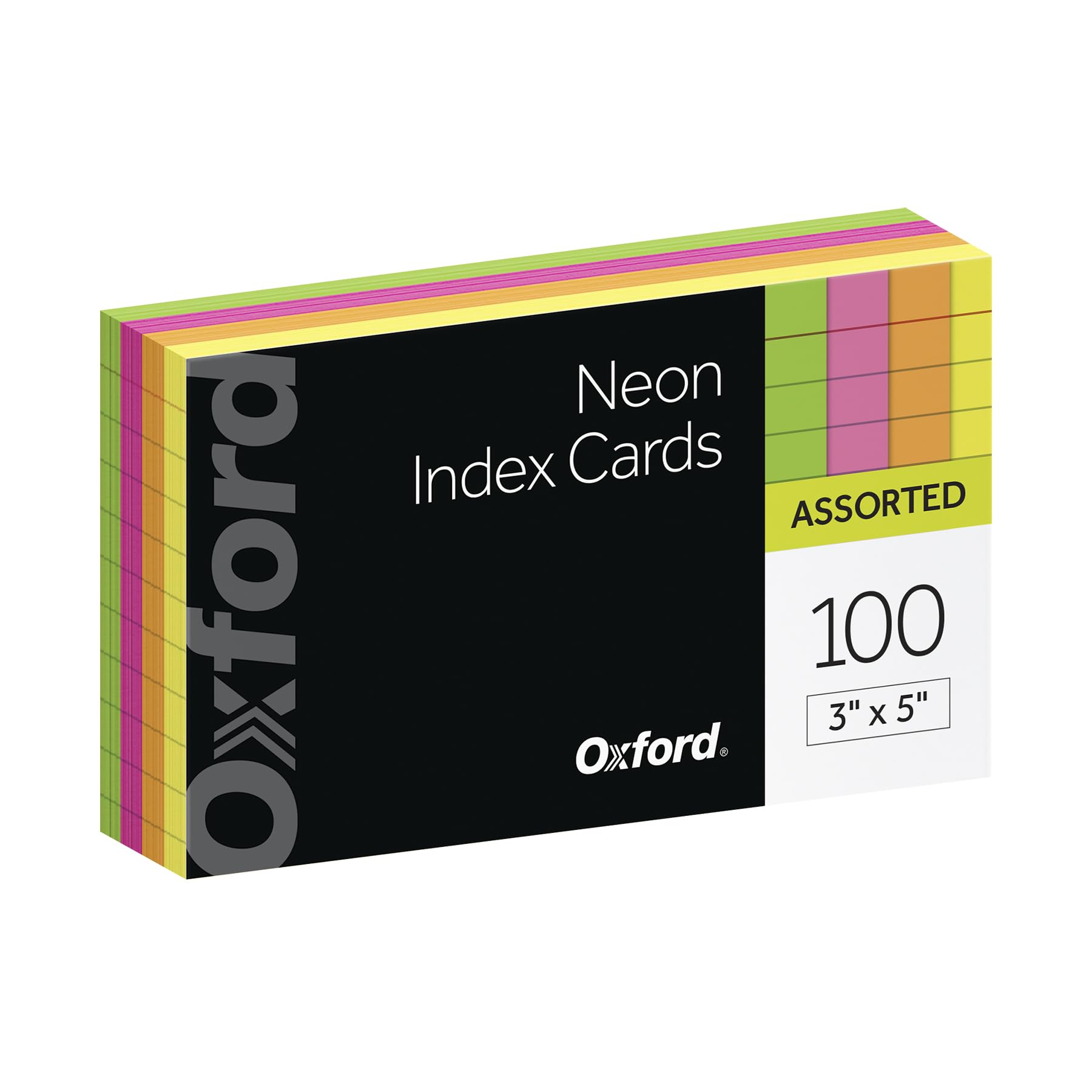 Oxford Neon Index Cards, 3" x 5", Ruled, Assorted Colors, 100 Per Pack (40279)