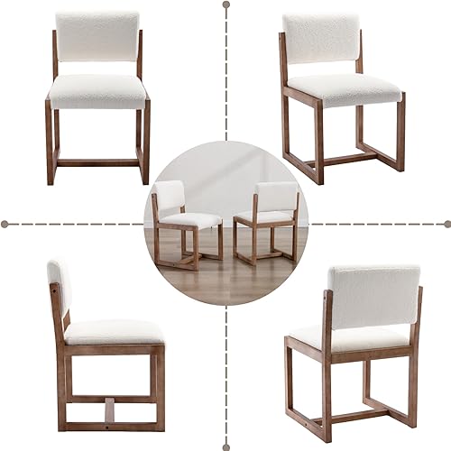 Miniatura 3 de Mid-Century - Juego de 2 sillas de comedor tapizadas de sherpa, sillas laterales sin brazos con respaldo, patas de madera para comedor, sala de