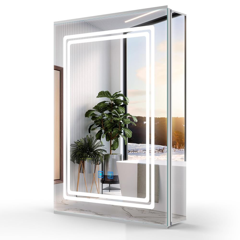 LUMIRRORSBathroom Mirror Cabinets with Lights 50x70cm 3 Colour LED Illuminated Mirrored Bathroom Cabinets Wall mounted with Shaver Socket Demister Touch Switch Vanity Mirror IP44