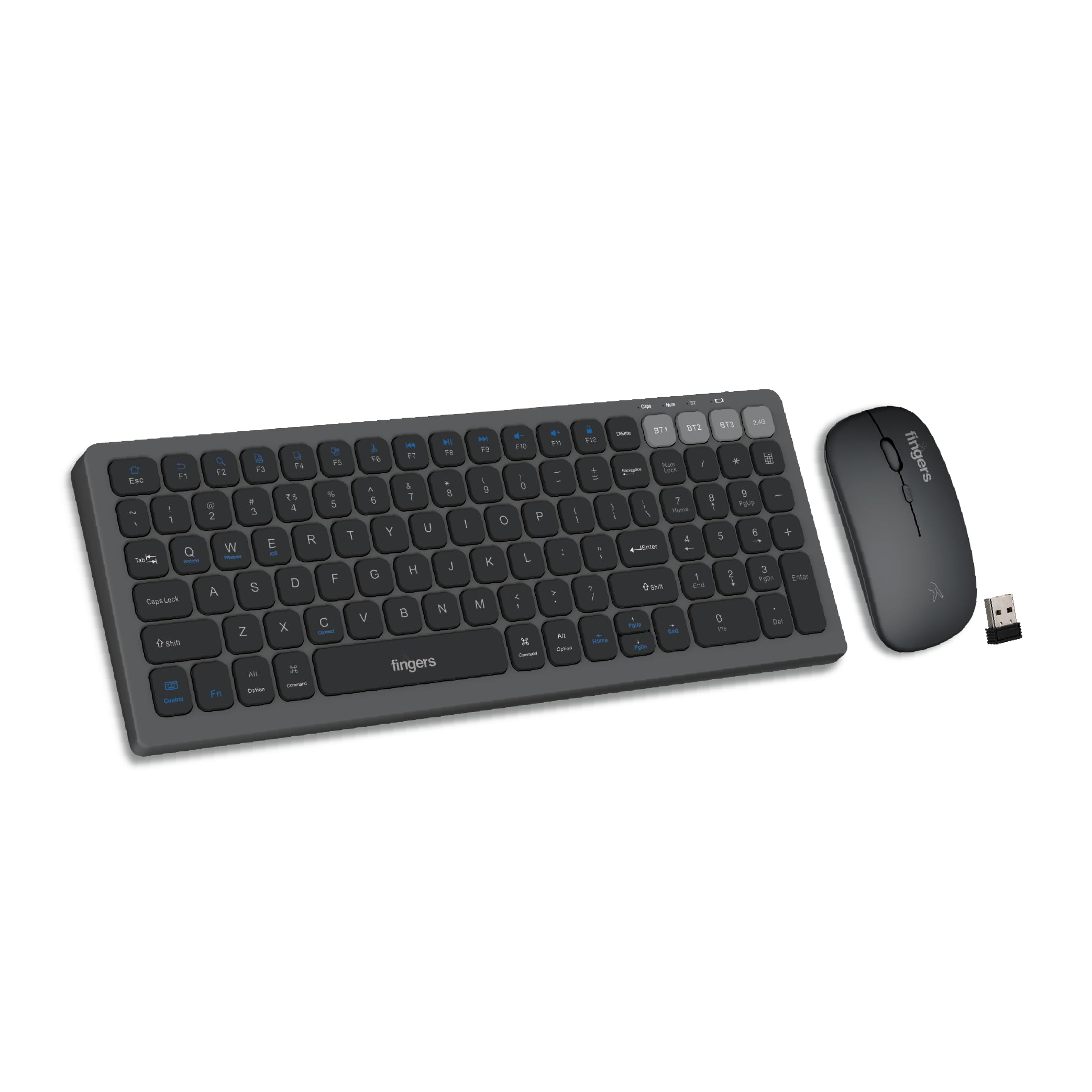 FINGERS ComboRegal-D4 Wireless Deskset (Slim Design, X-Scissor Keys Laptop-Style Typing, Dual Mode - USB + Bluetooth, Rechargeable Type-C, 1600 DPI & Multi-Device Compatible), Carbon Grey-image-3