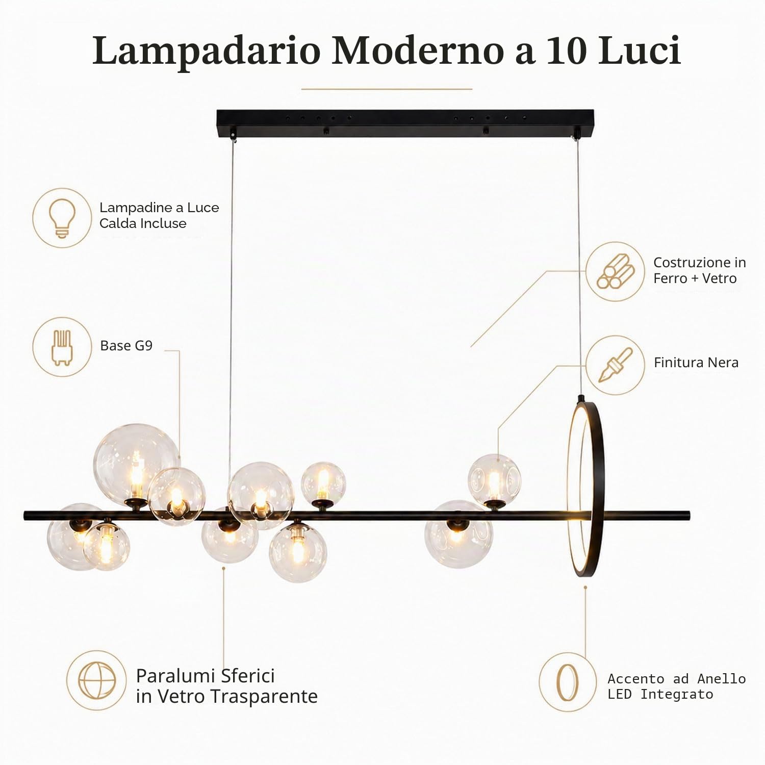 Moderne lampade a sospensione a sfera in vetro, 7/10 luci, lampadario a LED per sala da pranzo, regolabile, nero, industriale, per camera da letto, soggiorno, isola della cucina