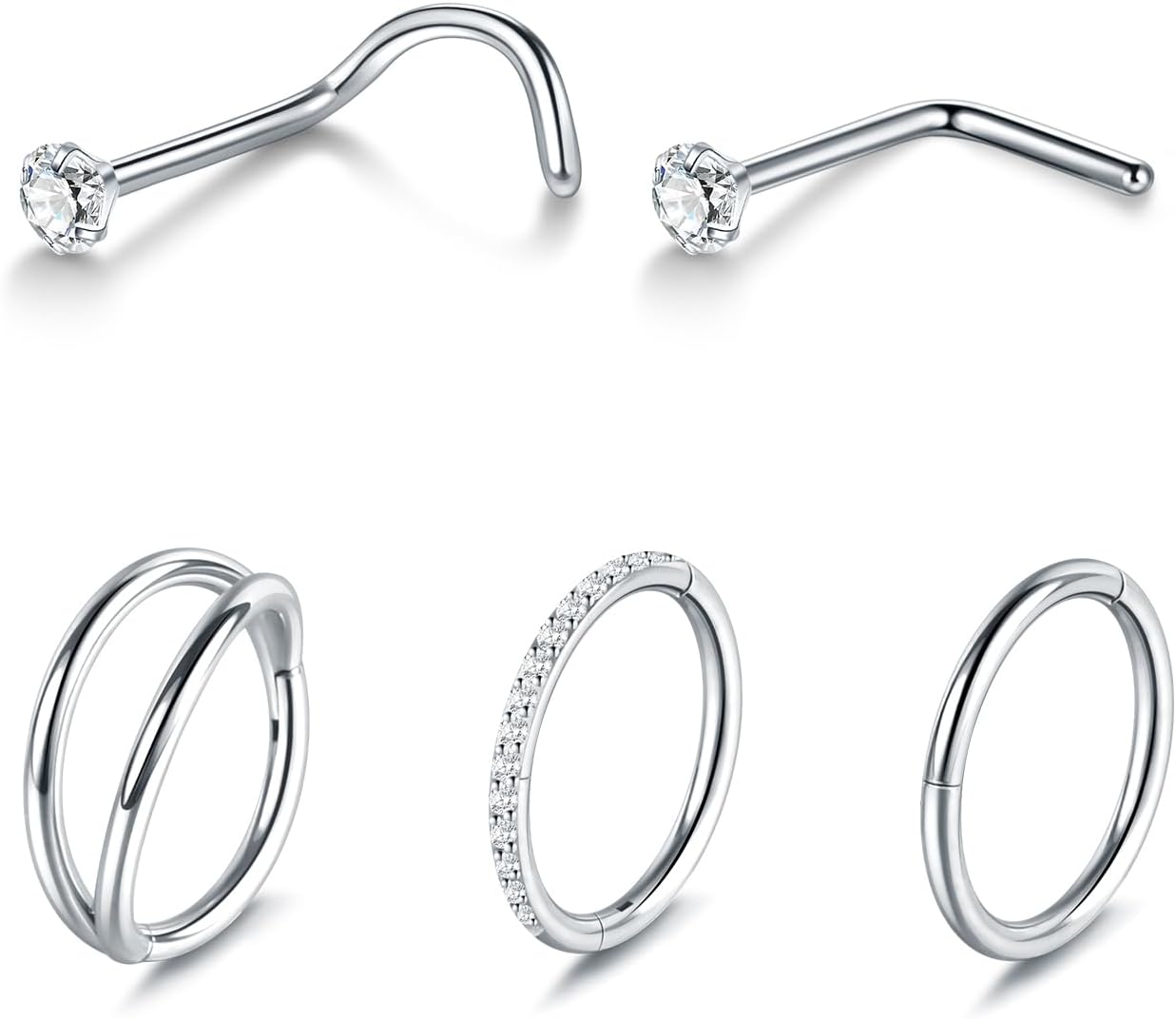 Xpircn 5pcs Hoop Nose Rings and L Shaped Nose Rings Stud Set 18G/20G Stainless Steel CZ Helix Conch Daith Tragus Cartilage Hoop Earrings for Women 6mm 7mm 8mm 10mm