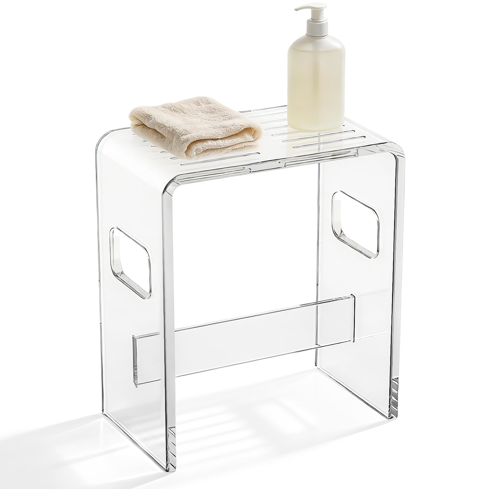 Taburete de Ducha de acrílico Transparente,18 cm de Alto, U con Ranuras de Drenaje,Taburete de baño, Moderno, Transparente, Taburete Transparente para baño y Sauna 35 * 22 * 43cm