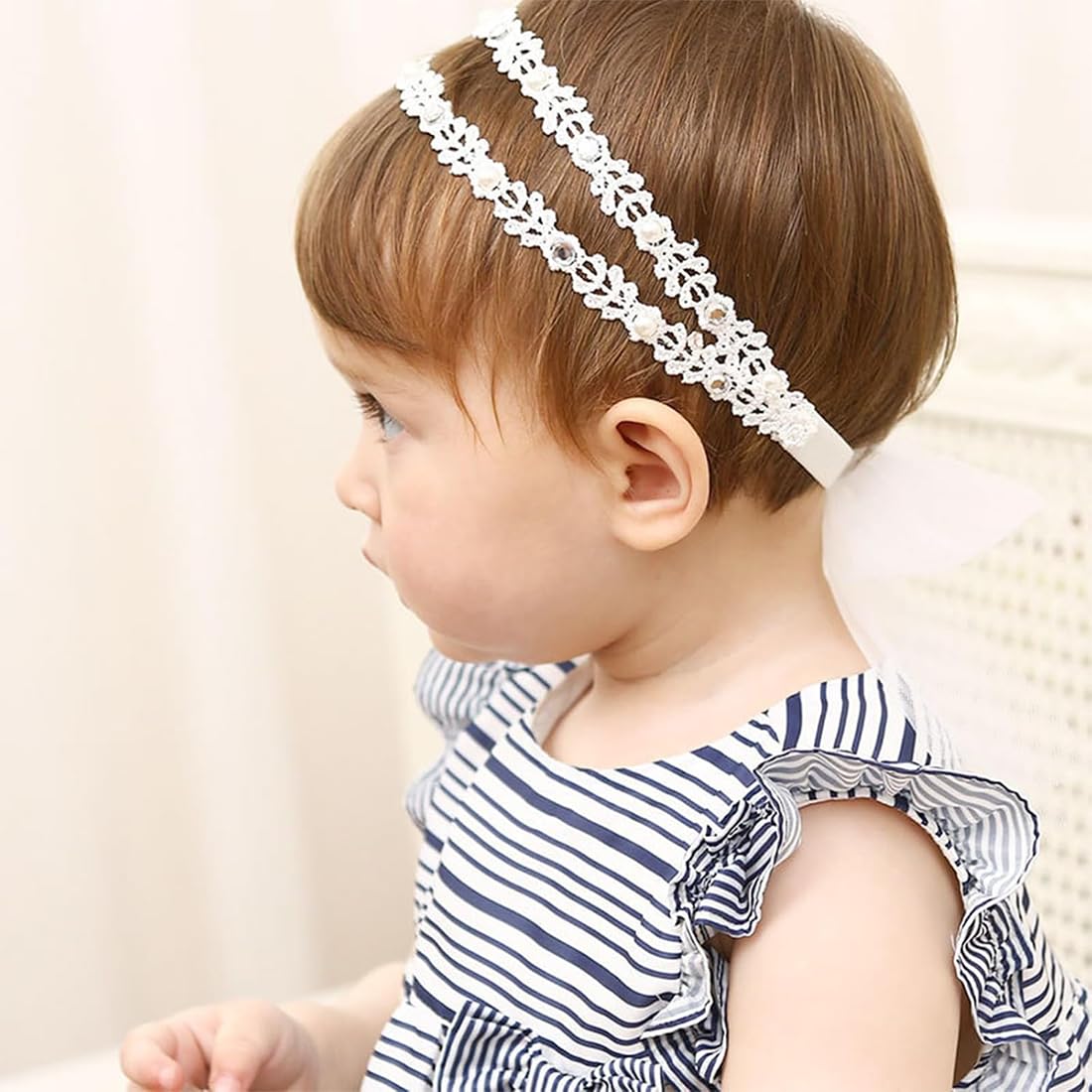2pcs bandeau bébé fille,bandeau de baptême pour bébé fille, bandeau élastique pour fille, blanc dentelle bowknot bandeau cheveux Convient aux filles dont le tour de tête mesure entre 37 et 48 cm