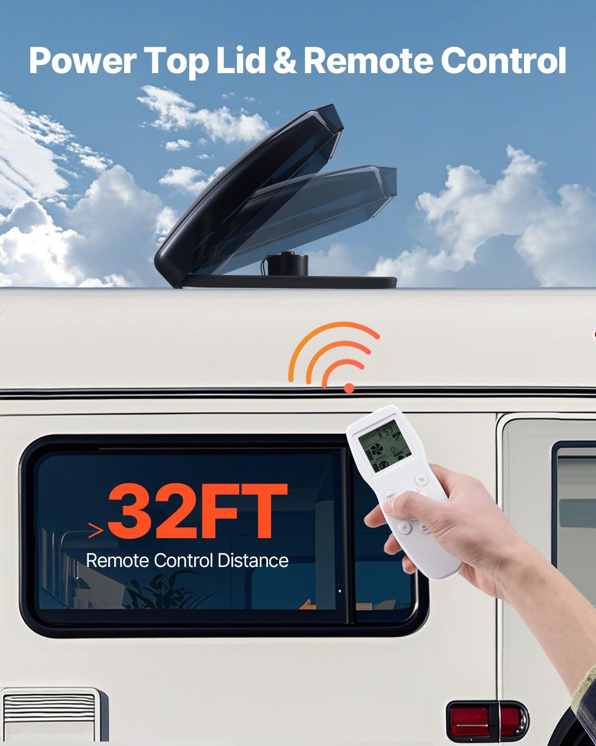 Hand holding remote control for RV vent fan, with fan lid opening on RV roof
