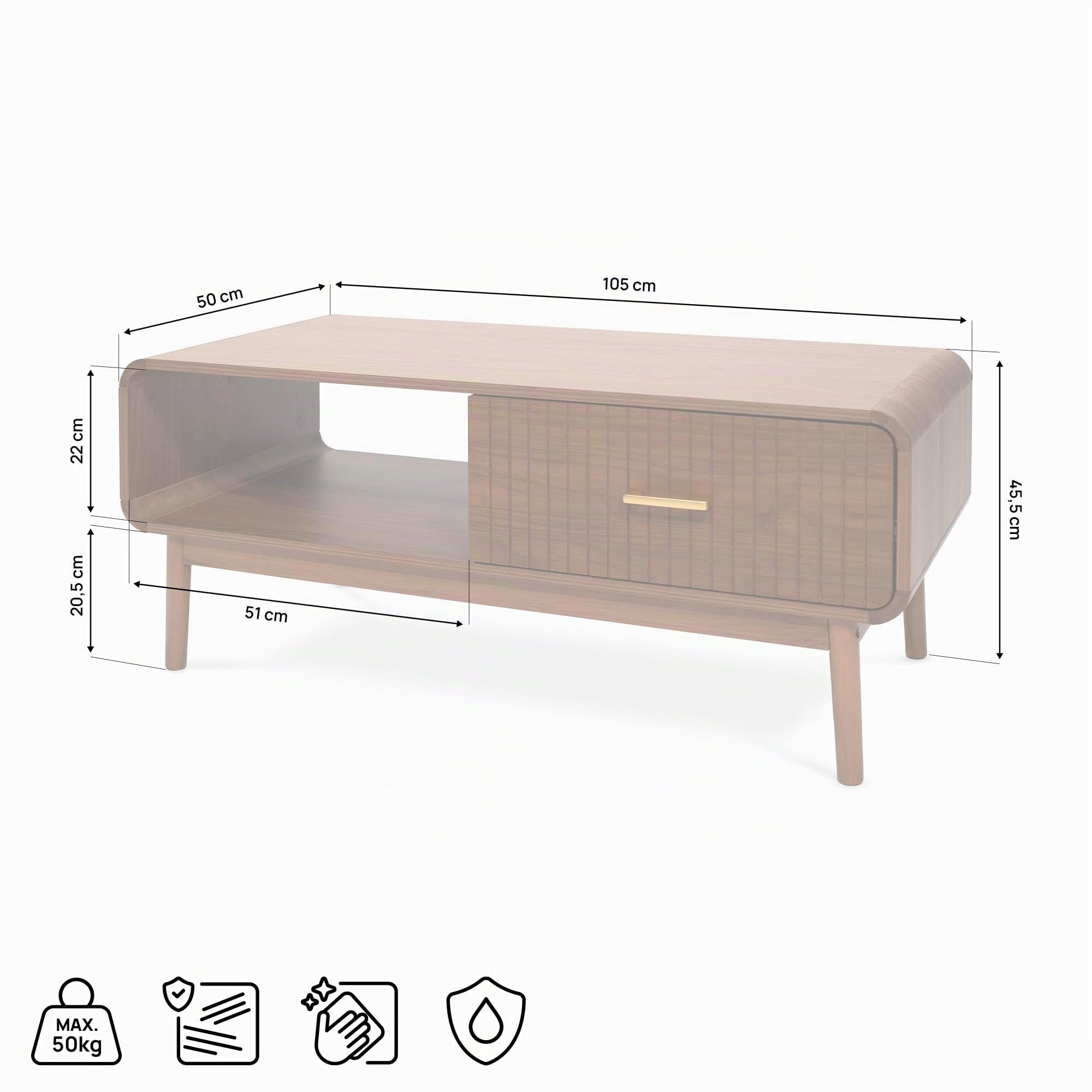Table Basse rétro 105 x 50 x 45,5 cm Finition Noyer - Milo 1 tiroir Rangement Niche Ouverte Style Vintage Plateau spacieux Pieds pin Robustes Salon Charge 50 kg Montage Facile