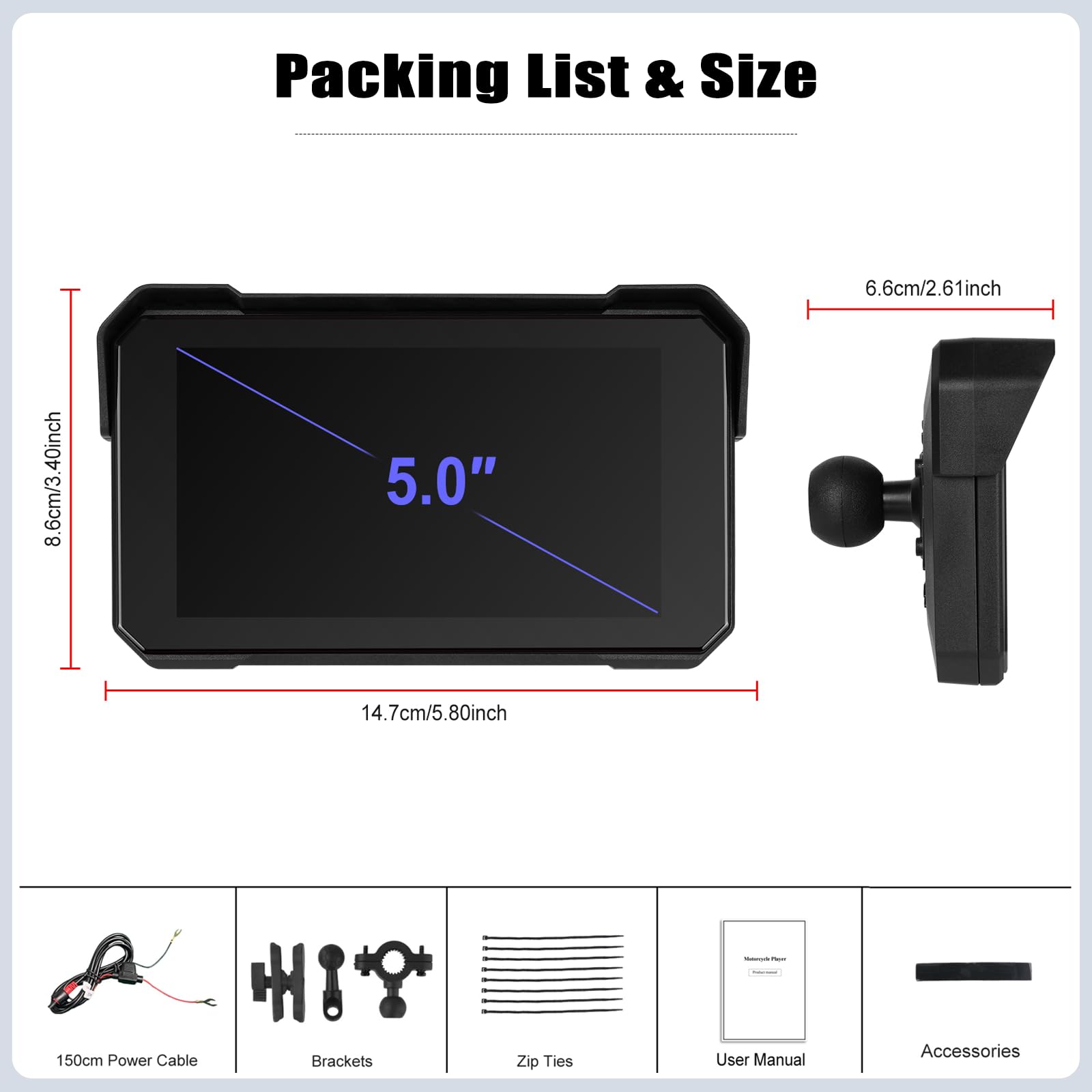 Écran GPS Carplay pour Moto, écran Carplay Android Auto sans Fil, Moto Android Auto Portable 5 Pouces Tactile étanche avec TF Bluetooth Navigation Siri