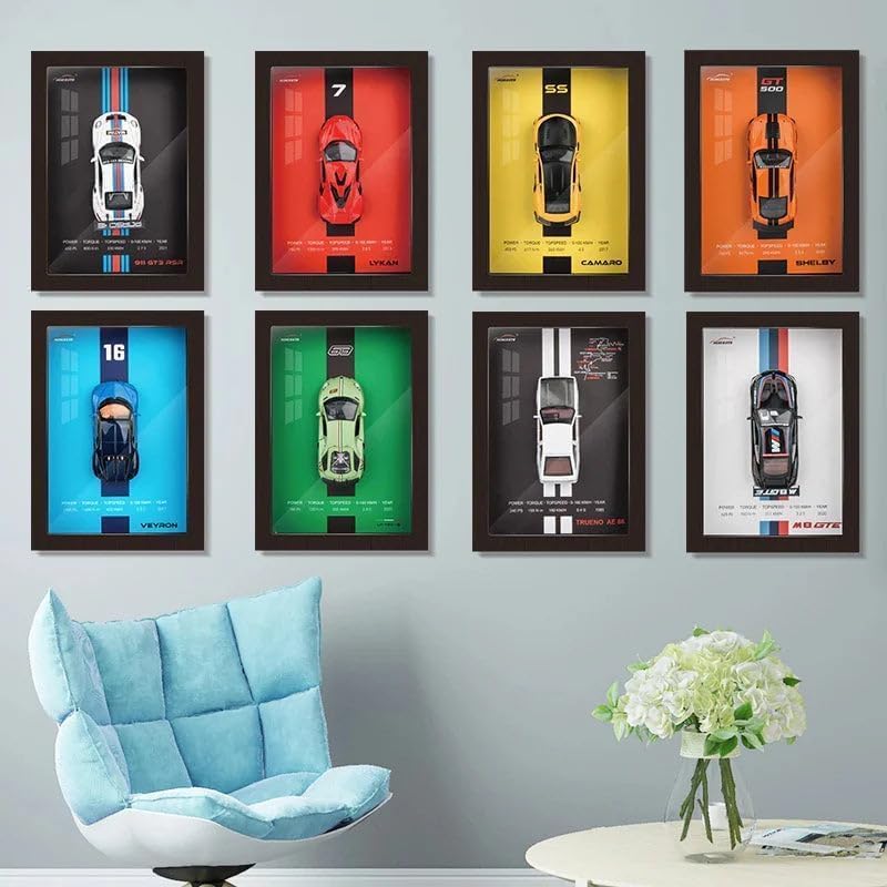 Image of WORSHIPER 3D Car Frame Wall Art Wooden Hanging Painting Frame with Removable Die-Cast Cars, Lights & Sounds Pull-Back Action & Opening Doors Collectible Display for Car Decoration (1:32 BMW M8 GTE)