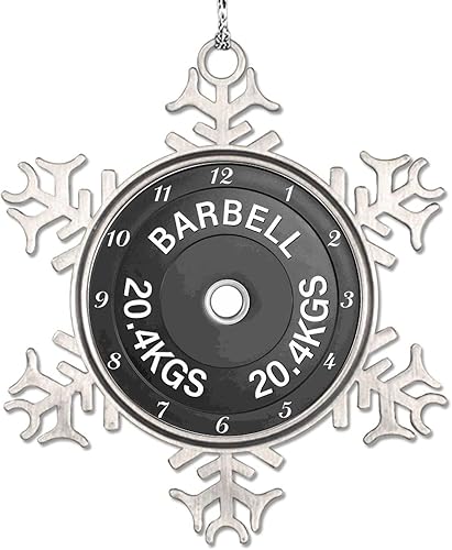 Vista 73 de Plato de pesas con barra para amantes del fitness, adornos de Navidad 2022, adornos de copo de nieve, decoraciones de Navidad para árbol, novedad
