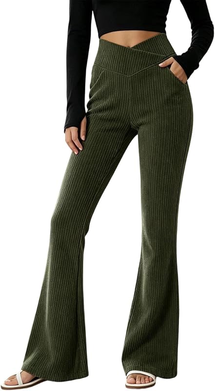 Women's Flare Leggings with Pocket Crossover High Waist Yoga Pants