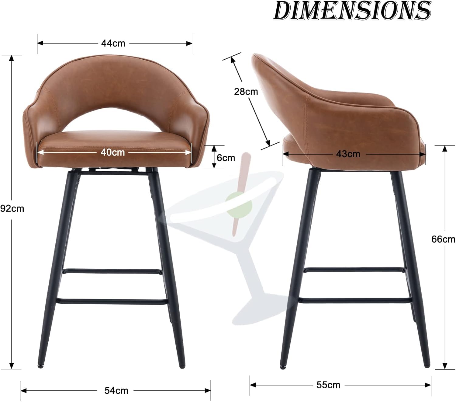 chairus 2PCS Taburetes Altos Giratorio de Cuero PU, Marrón | Patas Metálicas, Cojín Grueso, Con Respaldo y Brazos