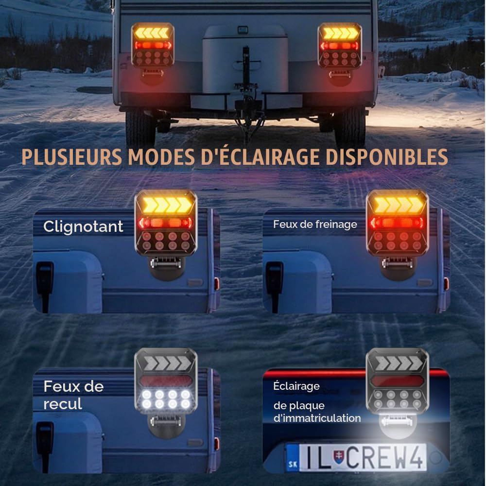 Ensemble Feux Arrière LED Magnétiques Bluetooth 12V/24V, Rechargeable Solaire, Autonomie 20h+, Étanche IPX6, pour Remorque Légère/Lourde, Semi-remorque, Tracteurs et Véhicules de Secours