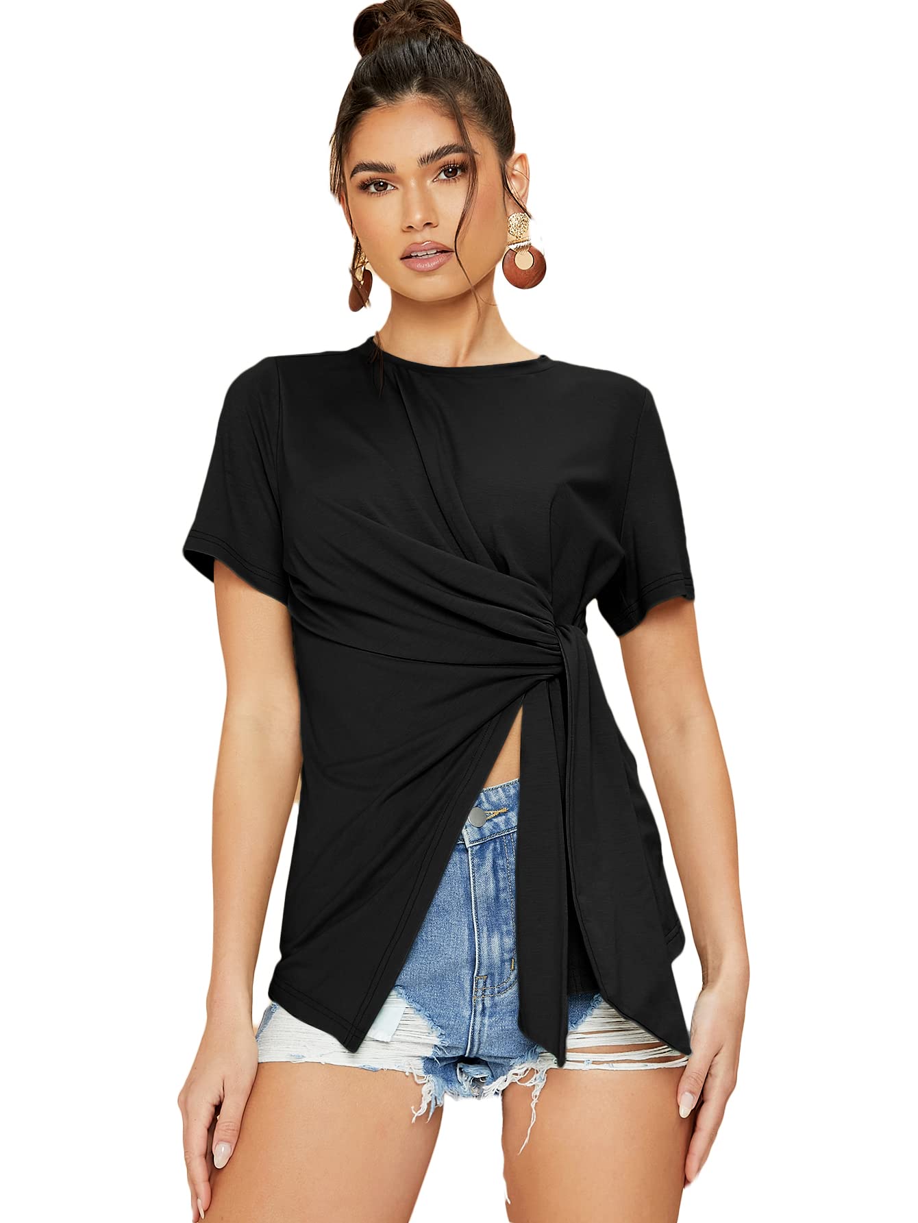 Verdusa Women's Tie Knot Side Short Sleeve Split Asymmetrical Tee Top Black L